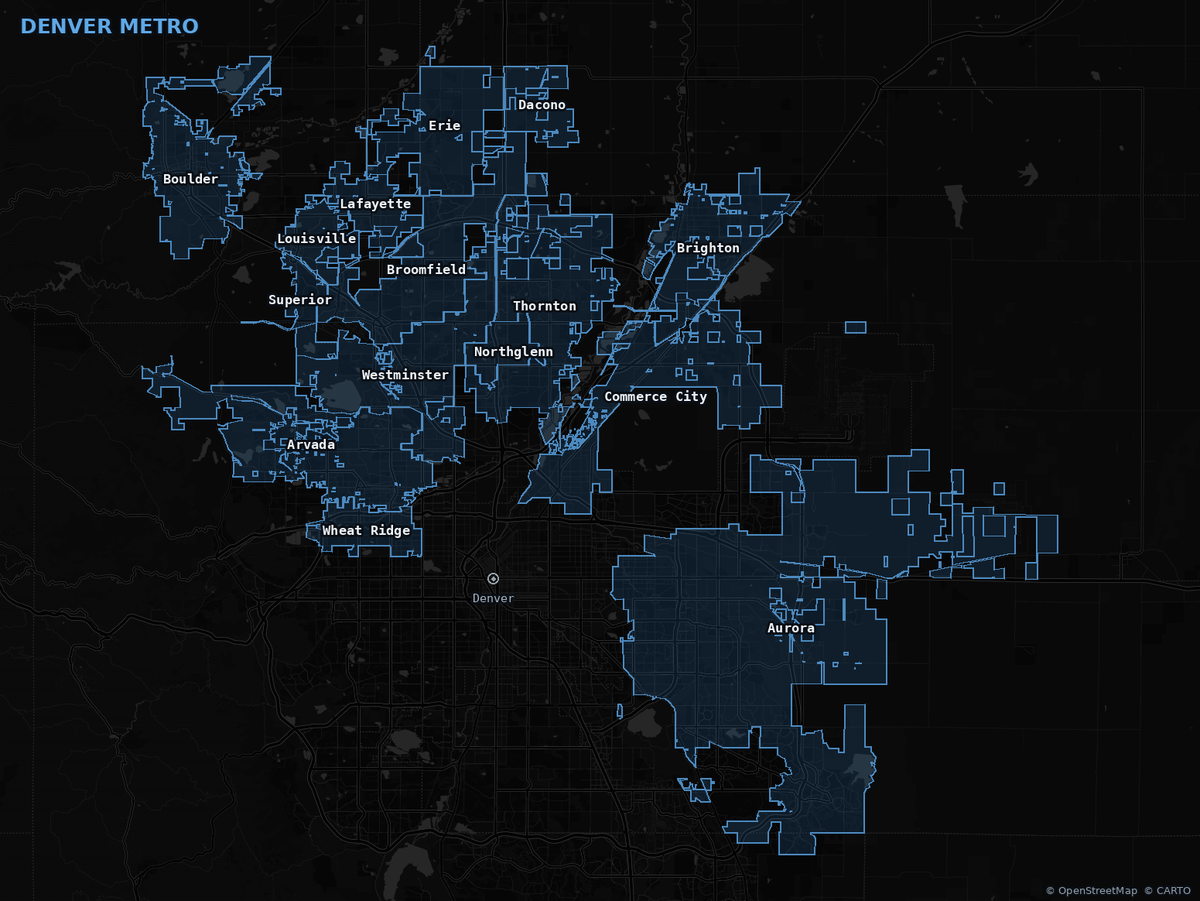 Map of Qualden Construction service areas across the Denver metro, from Boulder and Brighton to Aurora and Wheat Ridge