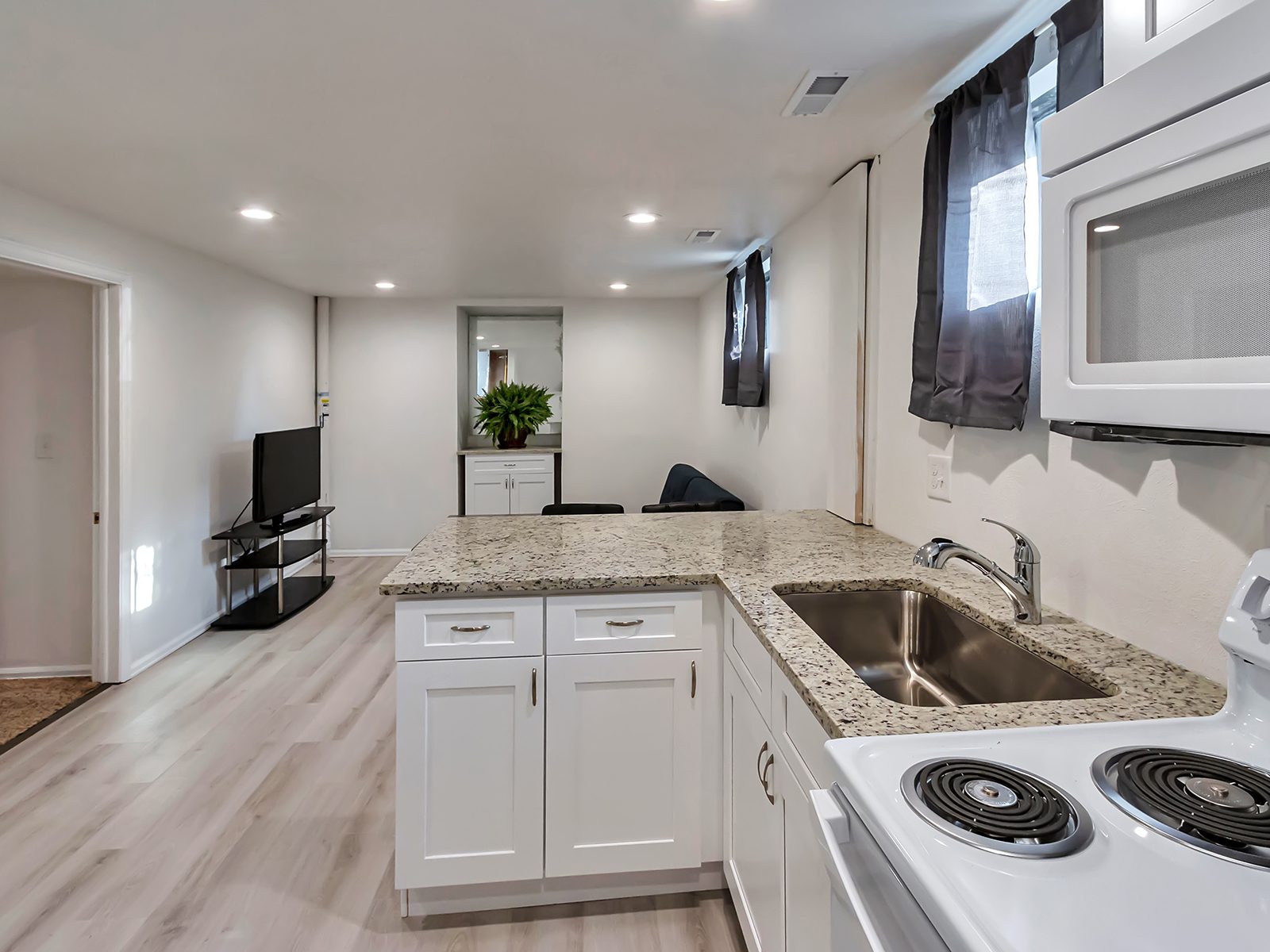 Finished basement apartment with kitchenette and living area